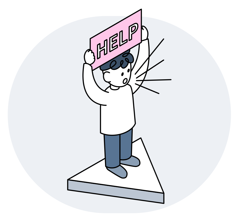 HELPの札を掲げて、相談する人のイラスト